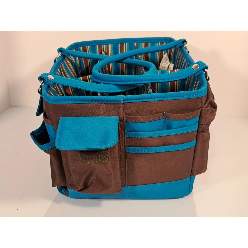 Brown and Teal Blue Multi Pocket Craft Caddy Organizer with Bottom Tray Storage